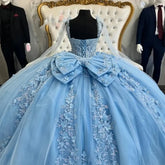 Luxury 3D Flowers Blue Quinceañera Dresses for Sweet 16 with Big Bow